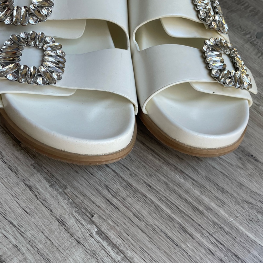 ShuShop Bridget Slide Sandals Cream/Rhinestone Buckle Bridal Feminine Fun SZ 7.5 - Picture 10 of 12